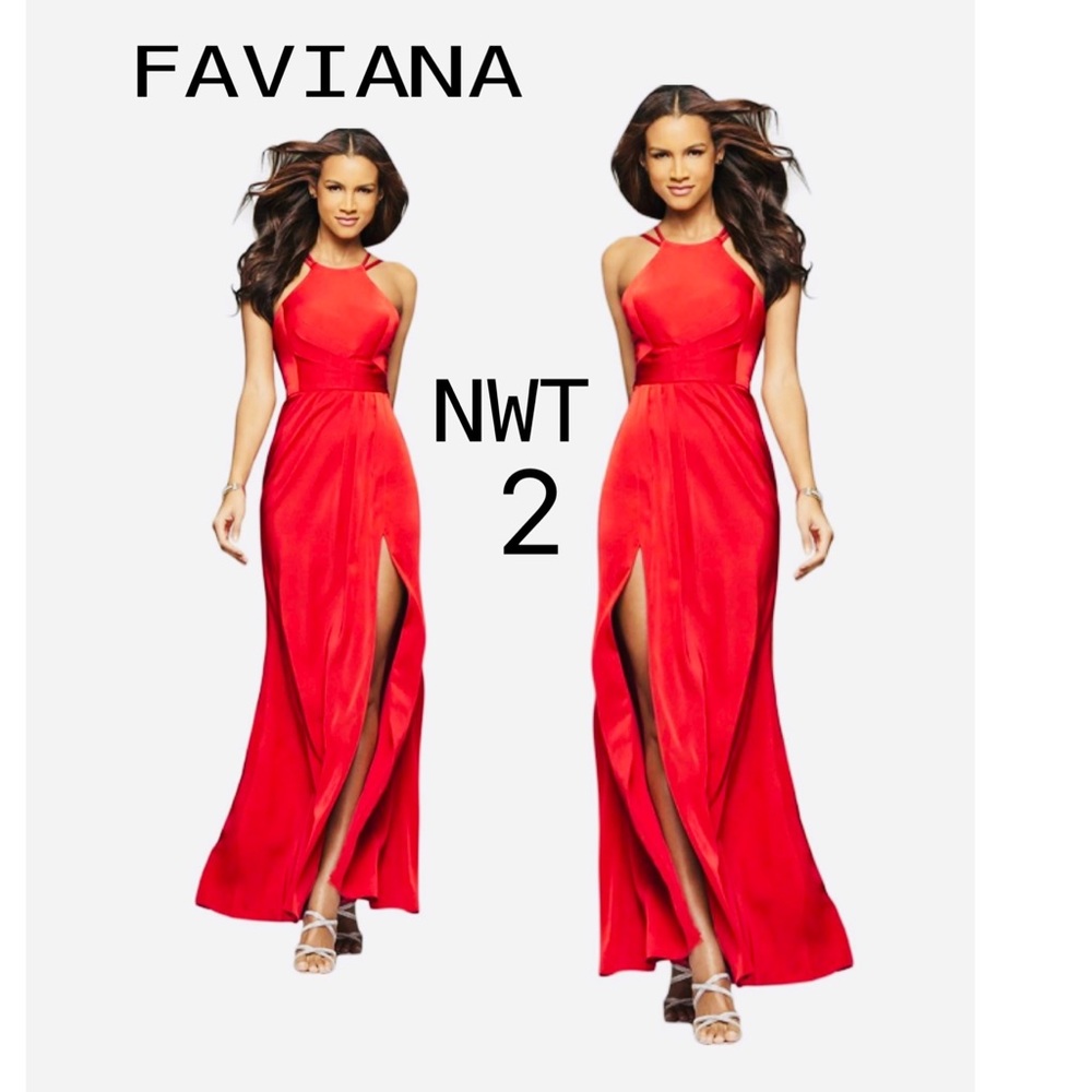NWT FAVIANA red evening prom formal runway Hollywood dress strap shoulder 0-2